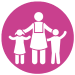 A pink circle with 3 white figures inside - a parent in the middle with two children either side.