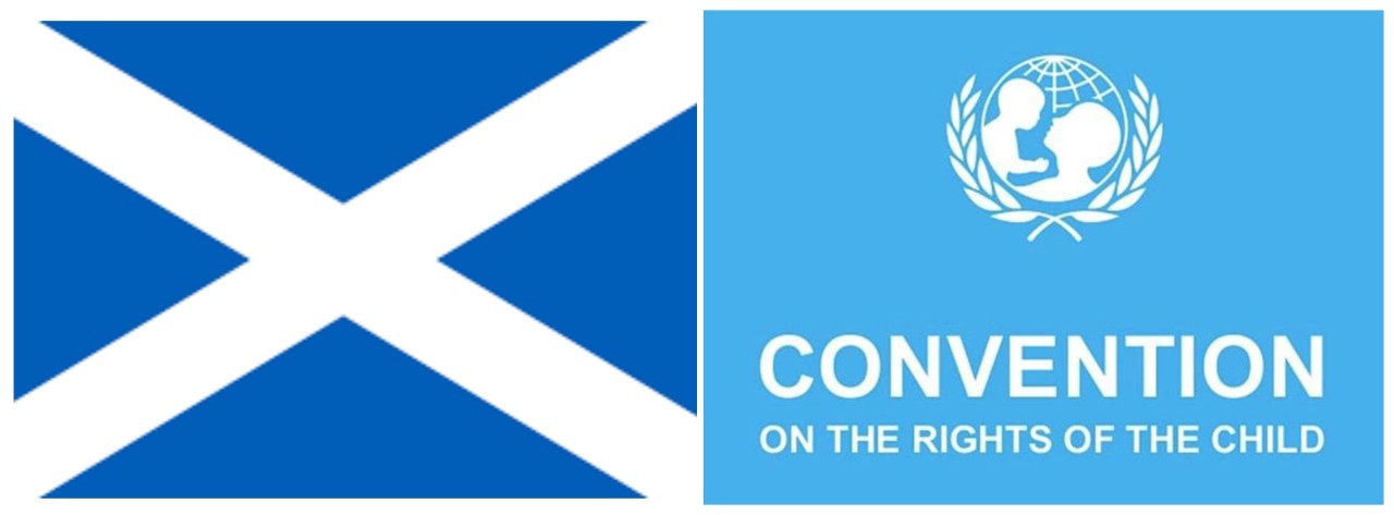 Scotish flag on the left and rights of the child logo on the right with the words, 'Convention on the rights of the child'