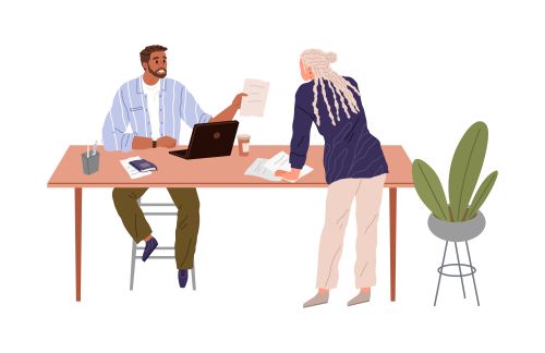 illustration of people talking over a table with a laptop