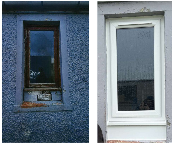 Before and after: one of the home's original windows and its replacement.