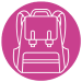 A pink circle with a white outline of a backpack inside.