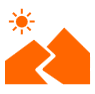 Orange mountains icon with road through them and a sun top left.