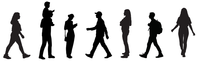 Silhouettes of the seven children at age 22 in a line