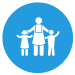 A blue circle with 3 white figures inside - a parent in the middle with two children either side.