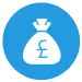 A blue circle with a white bag inside it with a pound sign on it.