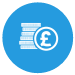 A blue circle with a white depiction of a pile of coins next to a pound sign inside.