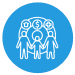 A blue circle with a white icon inside, depicting three figures, a house, money and health symbol.