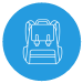A blue circle with the white outline of a school bag inside it.