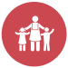 A red circle with 3 white figures inside - a parent in the middle with two children either side.