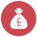 A red circle with a white bag inside it with a pound sign on it.