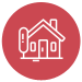 A red circle with a white outline of a house inside.