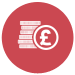 A red circle with a white depiction of a pile of coins next to a pound sign inside.