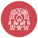 A red circle with a white icon inside, depicting three figures, a house, money and health symbol.