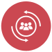 A red circle with a white icon of 3 figures inside a circle, with two curved arrows around each side.