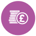 A Purple circle with a white depiction of a pile of coins next to a pound sign inside.