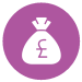 A Purple circle with a white bag inside it with a pound sign on it.