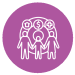 A Purple circle with a white icon inside, depicting three figures, a house, money and health symbol.