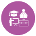 A Purple circle with white outlines of a person reading, a person teaching, a mortar board and a briefcase inside.