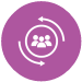 A Purple circle with a white icon of 3 figures inside a circle, with two curved arrows around each side.