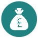 A teal circle with a white bag inside it with a pound sign on it.