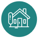 A teal circle with a white outline of a house inside.