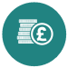 A teal circle with a white depiction of a pile of coins next to a pound sign inside.