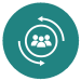 A teal circle with a white icon of 3 figures inside a circle, with two curved arrows around each side.