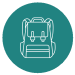 A teal circle with the white outline of a school bag inside it.