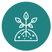 A teal circle with a with outline of a plant in soil.