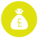 A Yellow circle with a white bag inside it with a pound sign on it.