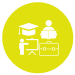 A Yellow circle with white outlines of a person reading, a person teaching, a mortar board and a briefcase inside.