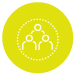 A Yellow circle with three figures outlined in white, with a dotted white circle around them.