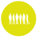 A Yellow circle with six white figures depicting young people inside.