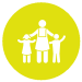 A yellow circle with 3 white figures inside - a parent in the middle with two children either side.