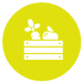 A Yellow circle with a white outline of a veg box inside.