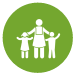A green circle with 3 white figures inside - a parent in the middle with two children either side.