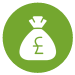 A green circle with a white bag inside it with a green pound sign on it.