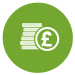 A green cicrle with a white depiction of a pile of coins next to a pound sign inside.