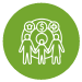 A green circle with a white icon inside, depicting three figuers, a house, money and health symbol.