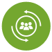 A green circle with a white icon of 3 figures inside a circle, with two curved arrows around each side.