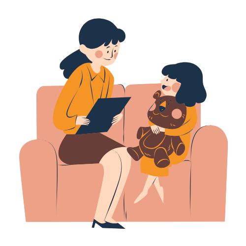 An adult and child sat on a sofa.