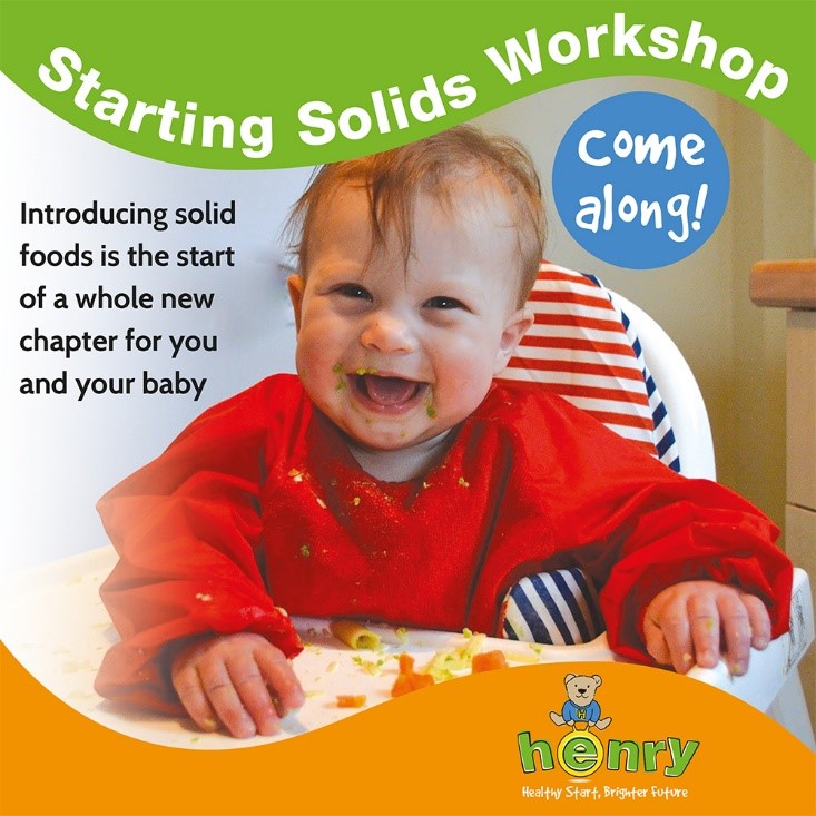 A poster about HENRY workshop, with a baby in a high chair.