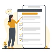 Image of a woman pointing to an enlarged survey with ticks down the left side.