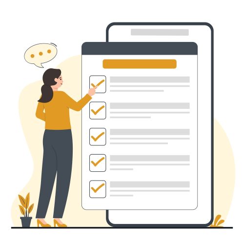 Image of a woman pointing to an enlarged survey with ticks down the left side.