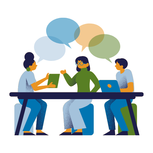 An image of cartoon people sat at a table having discussions.