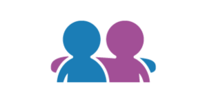 Two people icons with their arms around each other. one is blue and one is purple.