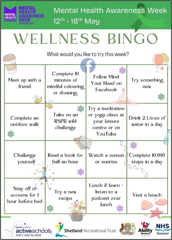 Wellness Bingo card with various wellness activities on it.