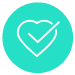 A turquoise circle with a white icon of a heart with a tick inside.