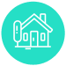A turquoise circle with a white outline of a house inside.