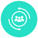 A turquoise circle with a white icon of 3 figures inside a circle, with two curved arrows around each side.